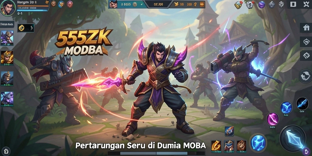 Screenshot gameplay 555ZK yang menampilkan aksi seru dalam pertarungan tim MOBA.