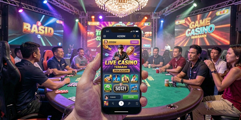 Screenshot gameplay A200M menampilkan dealer langsung dan suasana casino yang mendebarkan.