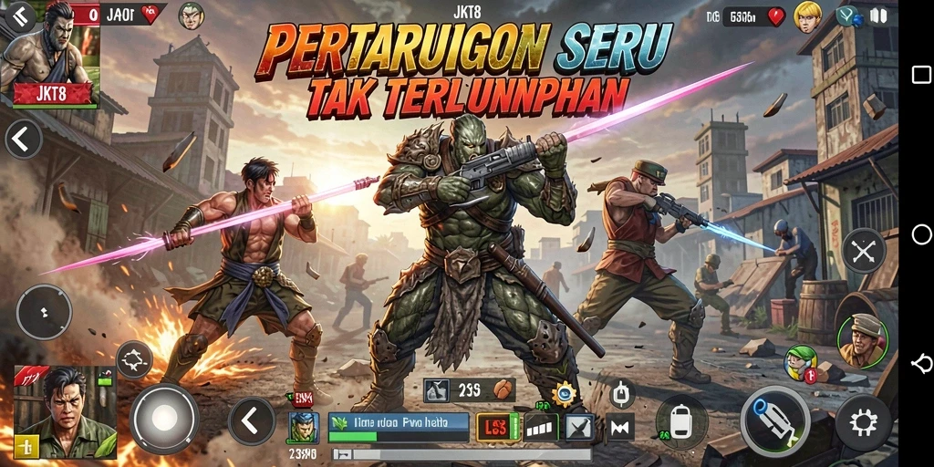 Tampilan gameplay seru di JKT8 dengan pertarungan menegangkan.
