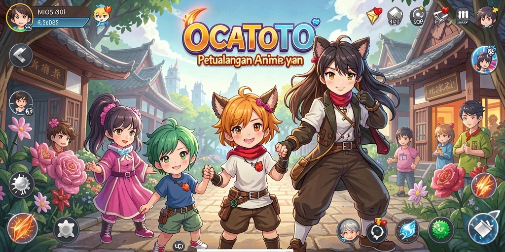 Tampilan gameplay OCATOTO yang menampilkan karakter anime yang dinamis.