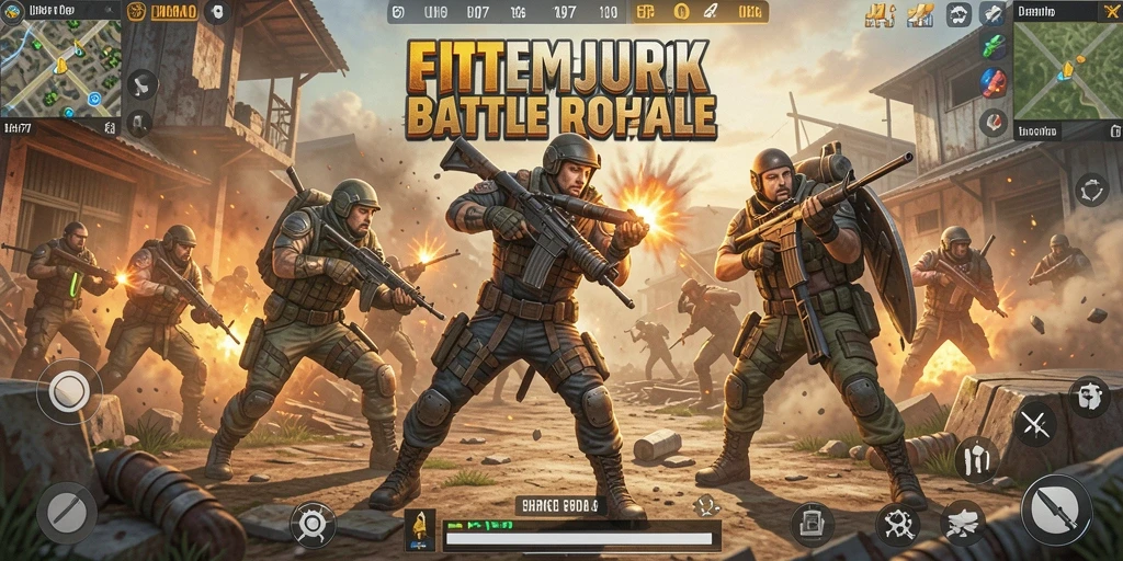 Screenshot UH77 menunjukkan aksi intens dalam pertempuran Battle Royale.