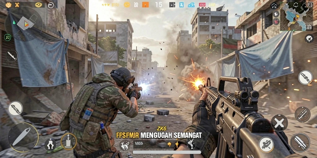 Screenshot menunjukkan aksi intens gameplay FPS ZK6 dengan grafis menakjubkan.